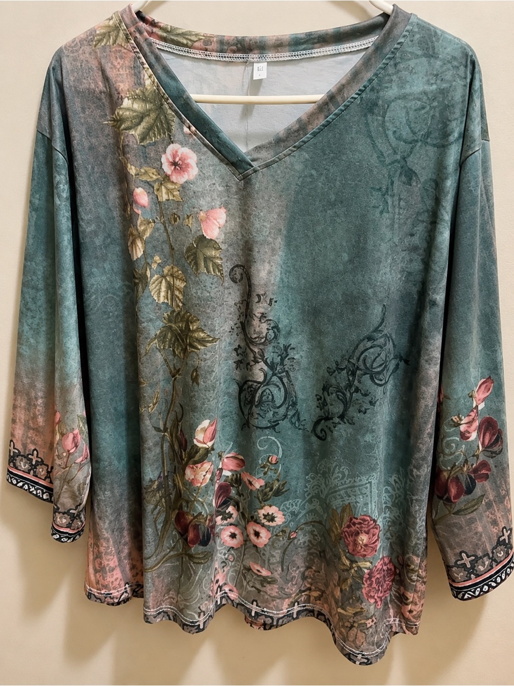 Teal Floral V-Neck Blouse with Pink Accents